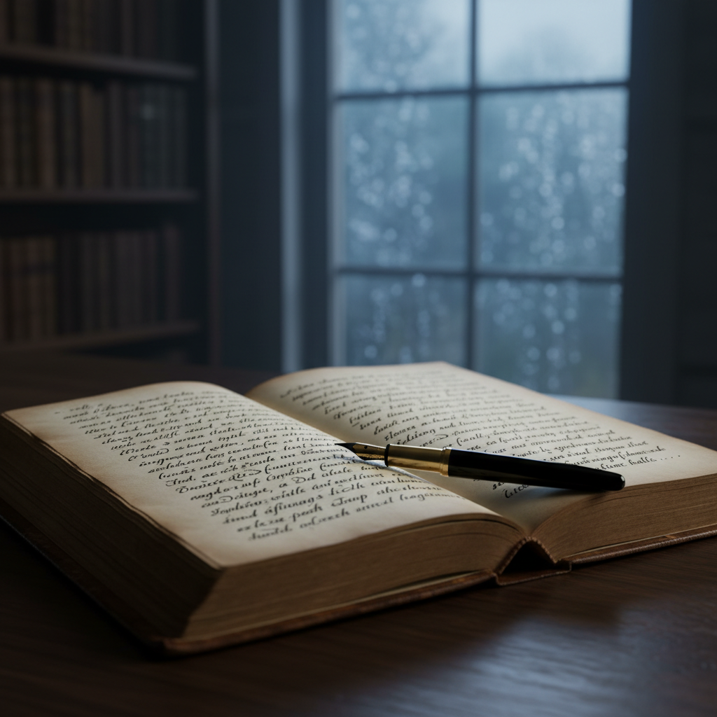 A weathered, leather-bound journal lies open on a dark wooden desk, its cream pages filled with dense, looping handwriting that stops abruptly mid-sentence. A black fountain pen rests diagonally across the page, a single fresh drop of ink poised at the nib like a held breath. The desk is set near a rain-streaked window; cold, bluish twilight seeps in, casting soft, directional light that carves subtle shadows into the paper’s texture. In the blurred background, indistinct shelves of books fade into darkness. Photographic realism, shot at eye level with a shallow depth of field, creating an intimate, introspective mood and a sense of a story suspended at a chilling cliffhanger.