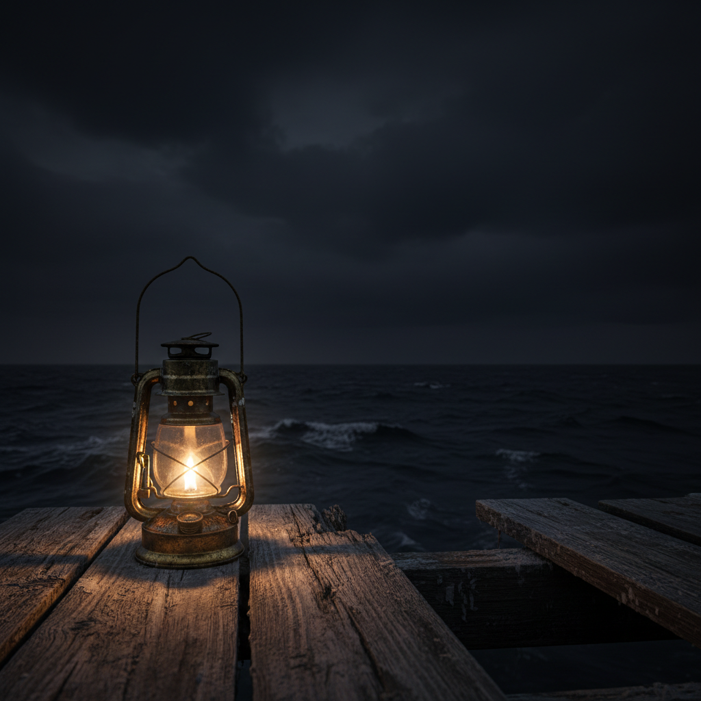 An old, brass ship’s lantern flickers weakly at the edge of a vast, black ocean, placed on rough, salt-sprayed planks of a lonely pier. The flame inside struggles against the wind, casting a fragile pool of golden light that fades quickly into the surrounding darkness. Low, heavy storm clouds press down on the horizon, barely visible. The scene is captured in photographic realism from a low, slightly off-center angle, emphasizing negative space and isolation. Subtle, moody reflections ripple in the water below, evoking emotional depth and the feeling of searching for beauty and light in the most desolate, unseen corners of the night.