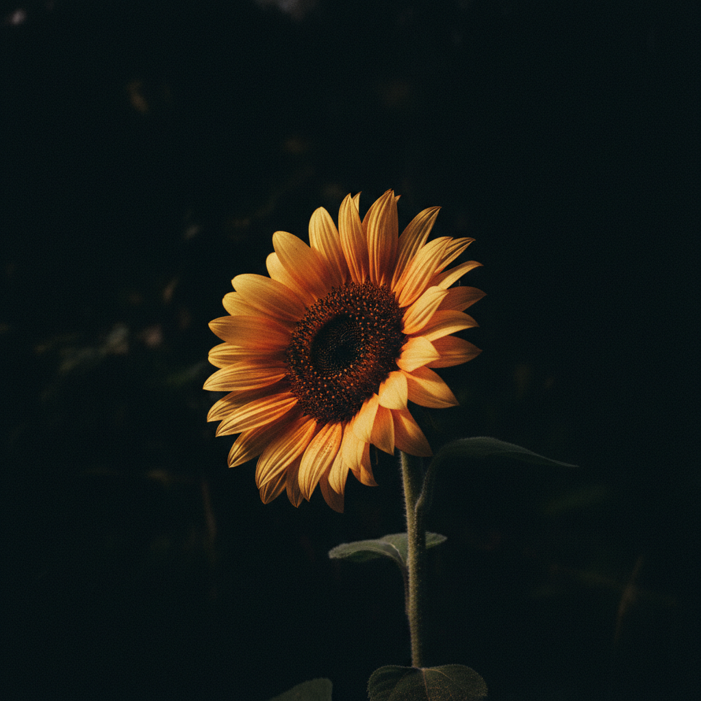 A single sunflower emerging from deep darkness, moody and high-contrast, with warm golden petals subtly lit against a nearly black background, square crop, photographic, suitable as a profile/author image for a dark, literary website.