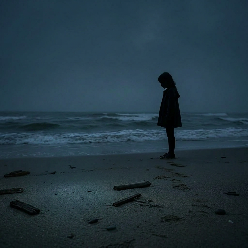 Silhouette of a child standing on a wooden pier near a lit lantern at night by the ocean